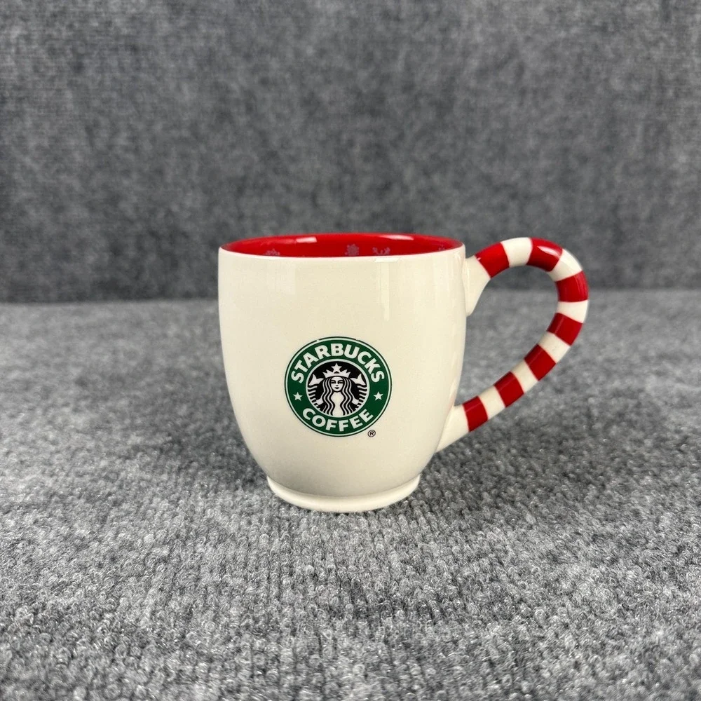 Starbucks 2010 Holiday Candy Cane Handle Mug Snowflake Bone China Retired